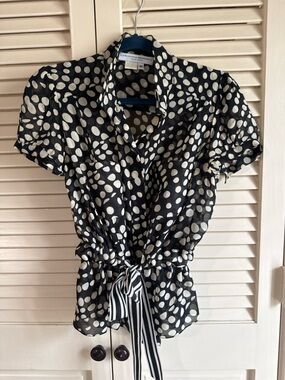 Carolina Herrera Black and White Polka Dot Tie-Front Blouse